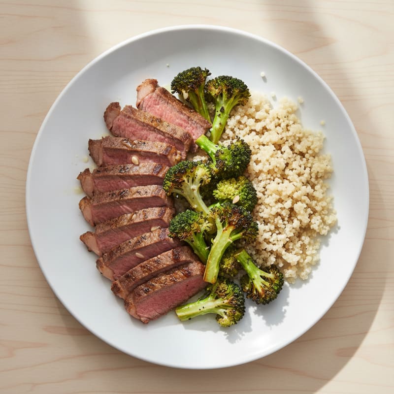 Seared Beef Strips with Roasted Broccoli and Quinoa