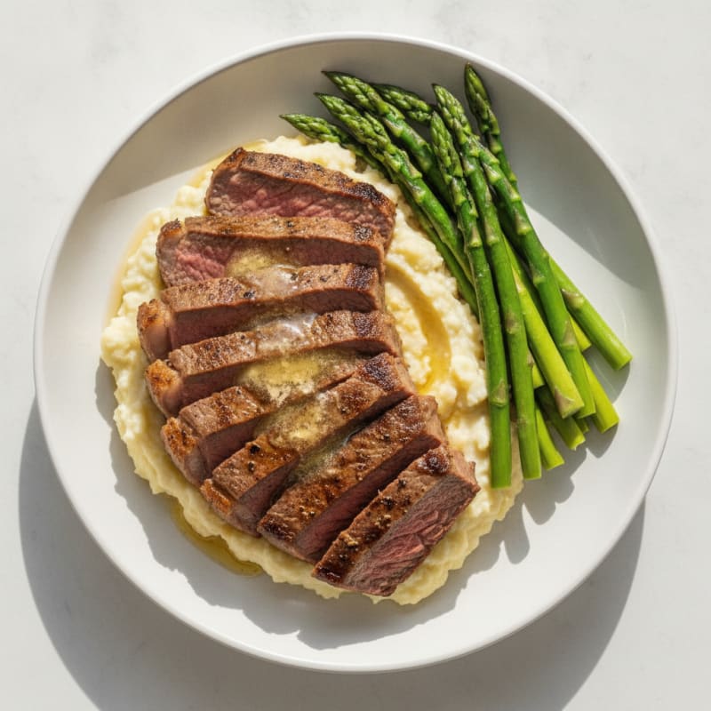 Seared Lean Beef with Steamed Asparagus and Cauliflower Mash