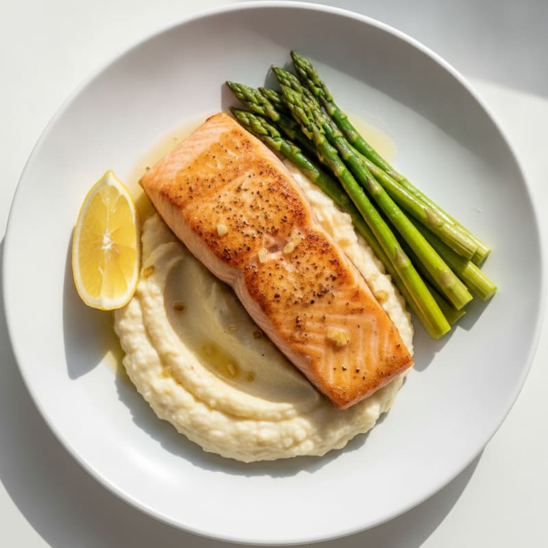 Seared Salmon Fillet with Steamed Asparagus and Garlic Cauliflower Mash