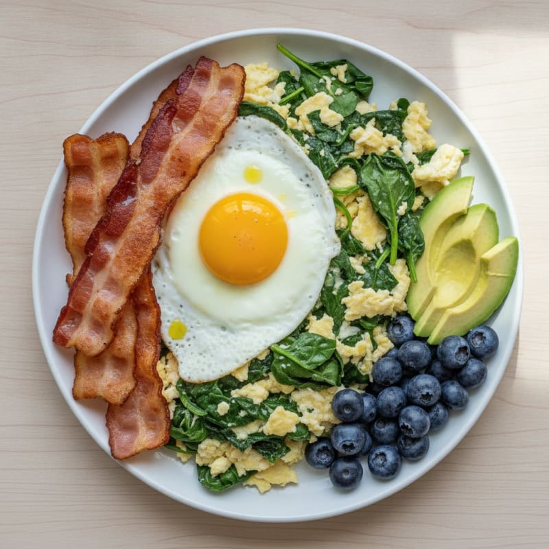 Crispy Turkey Bacon and Egg White Scramble with Sautéed Spinach
