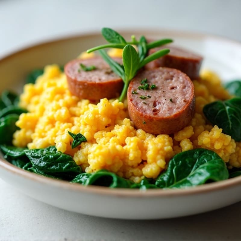 Egg White and Turkey Sausage Scramble with Sautéed Spinach