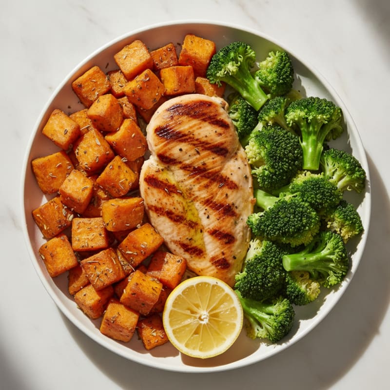 Grilled Chicken Breast with Roasted Sweet Potato and Steamed Broccoli