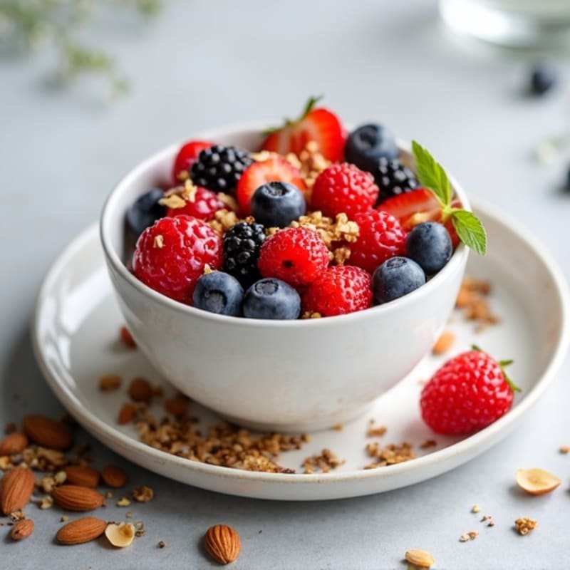 Greek Yogurt Parfait with Mixed Berries, Chia Seeds, Toasted Almonds, and Granola