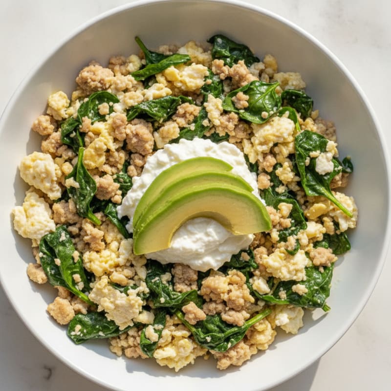 Egg White and Turkey Spinach Scramble with Cottage Cheese