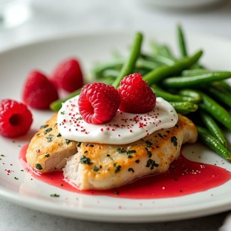 Creamy Herb-Roasted Chicken with Fresh Raspberry Drizzle and Crispy Green Beans