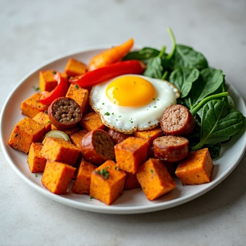 Crispy Sweet Potato Hash with Chicken Sausage and Wilted Spinach