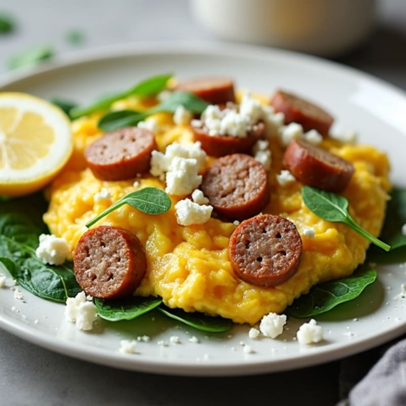 Egg White and Turkey Sausage Scramble with Spinach and Feta