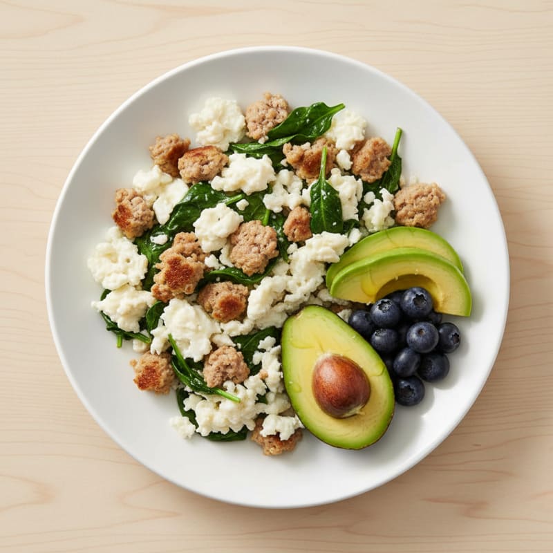 Egg White and Turkey Sausage Scramble with Sautéed Spinach