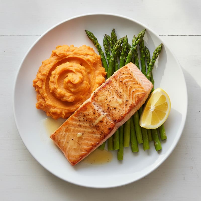 Seared Salmon with Roasted Asparagus and Sweet Potato Mash