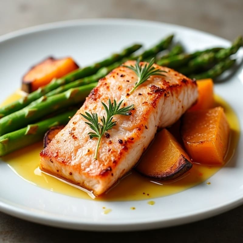 Seared Salmon with Roasted Sweet Potato and Asparagus