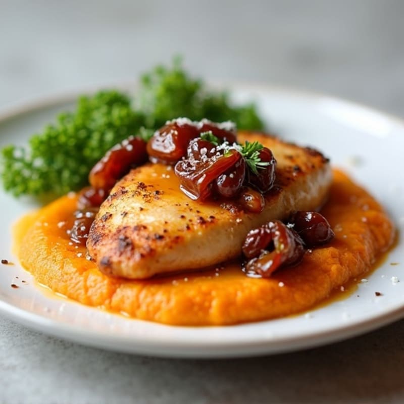 Chicken Breast with Creamy Sweet Potato Puree and Salted Date Caramel Drizzle