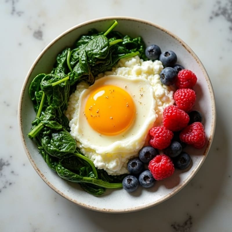 Cottage Cheese Egg Scramble with Sautéed Spinach and Berries
