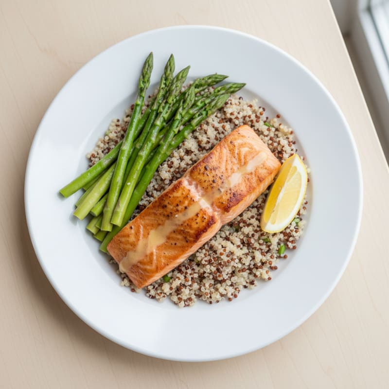 Seared Salmon Fillet with Steamed Asparagus and Quinoa