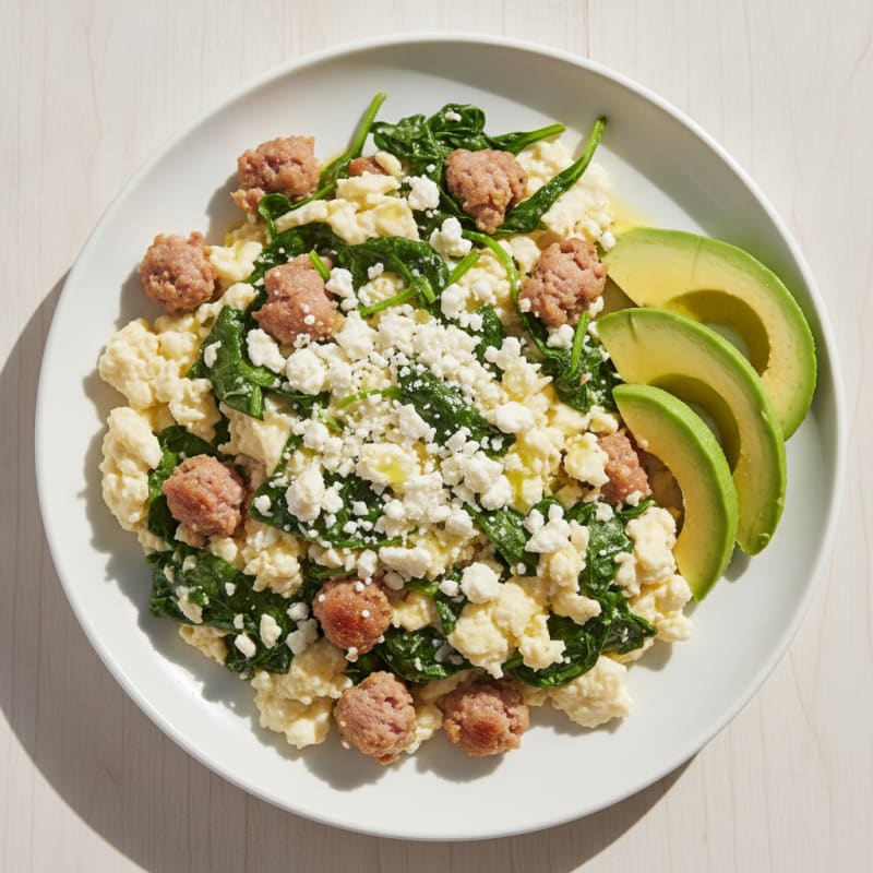 Egg White and Turkey Sausage Scramble with Spinach and Feta