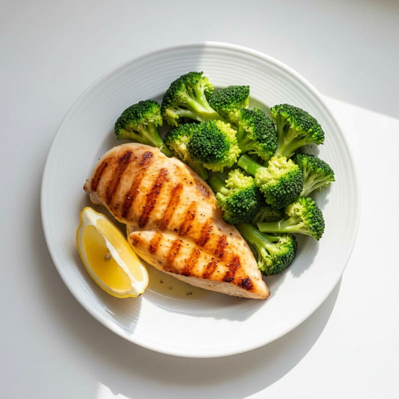 Grilled Chicken Breast with Steamed Broccoli and Lemon