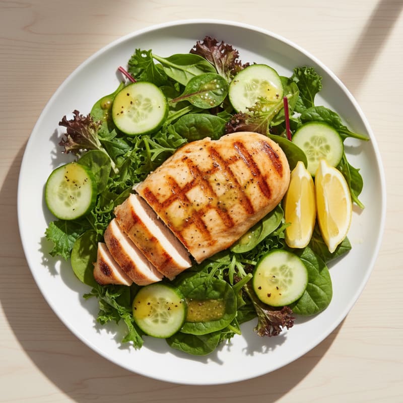 Grilled Chicken Breast over Mixed Greens with Cucumber and Lemon Vinaigrette