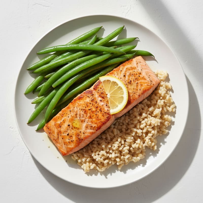 Seared Salmon Fillet with Steamed Green Beans and Brown Rice