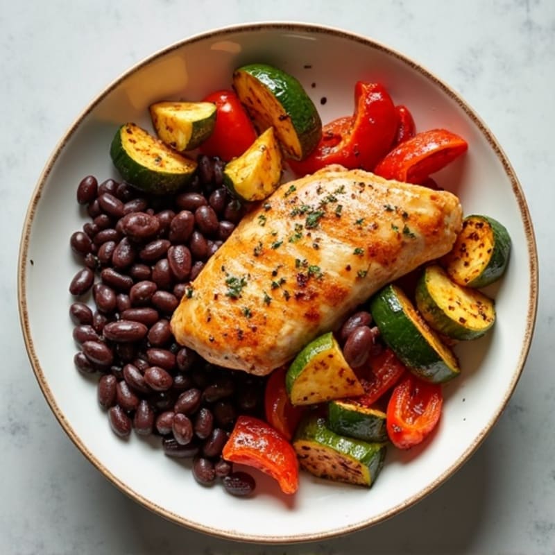 Sheet Pan Chicken and Black Bean Bowl with Crispy Roasted Vegetables