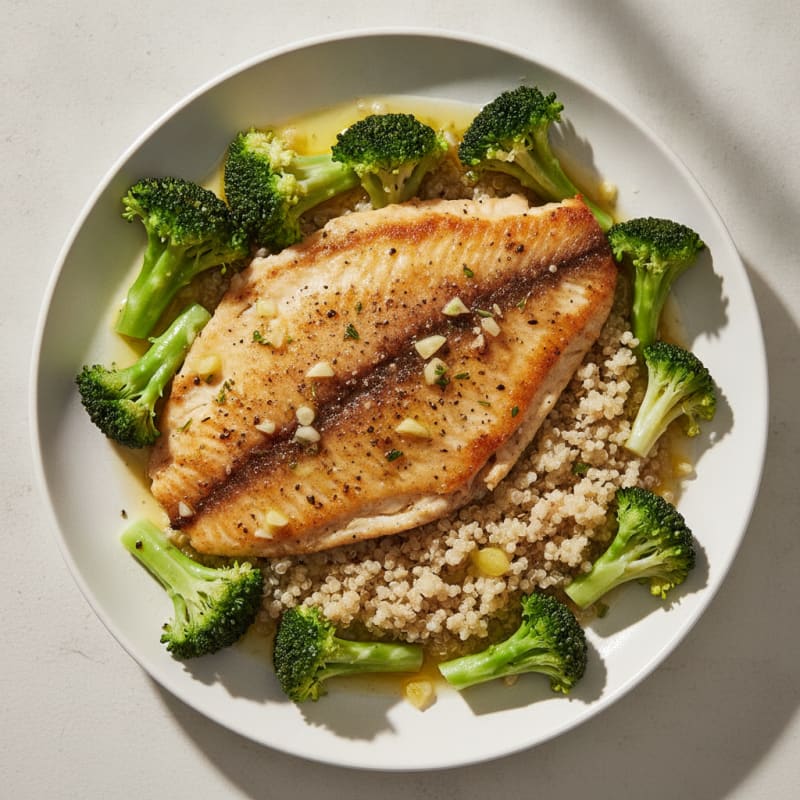 Seared Tilapia with Steamed Broccoli and Quinoa