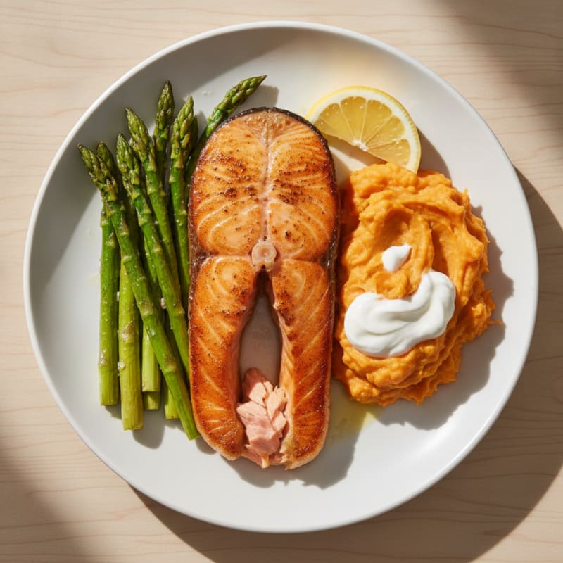 Seared Salmon Fillet with Roasted Asparagus and Sweet Potato Mash