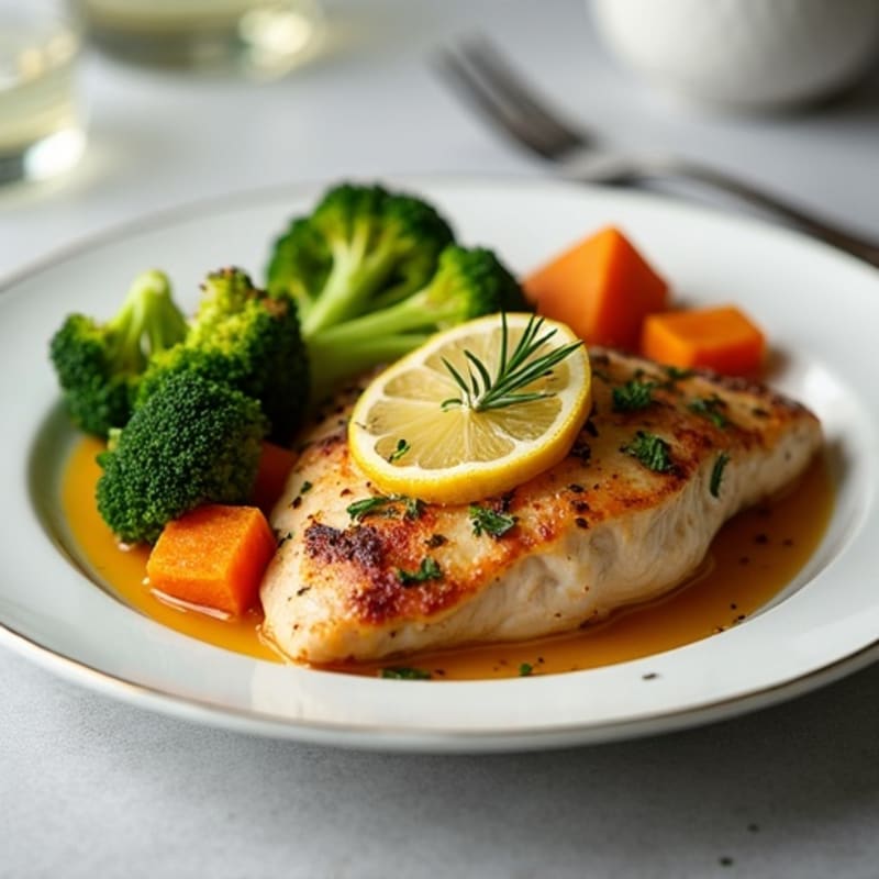 Lemon-Herb Roasted Chicken with Roasted Sweet Potatoes and Broccoli