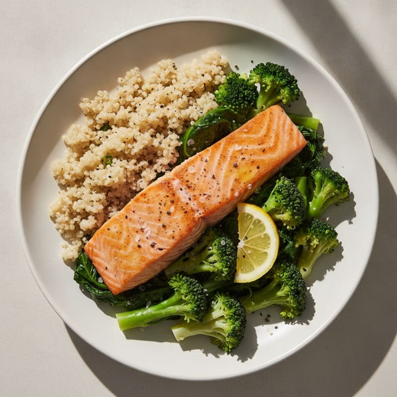 Seared Salmon with Steamed Broccoli and Quinoa