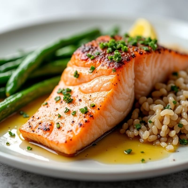 Seared Salmon with Garlic Green Beans and Brown Rice