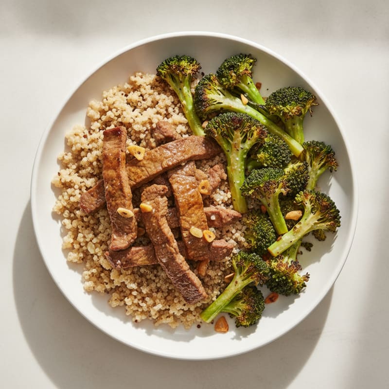 Seared Lean Beef Strips with Roasted Broccoli and Quinoa