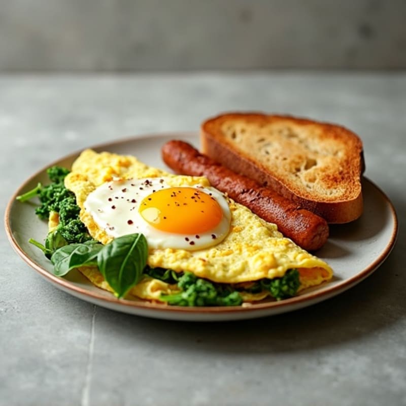 Egg White Spinach Omelet with Turkey Sausage and Toast