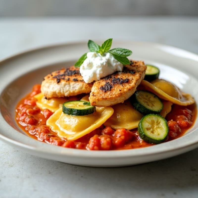 Creamy Spinach Ravioli with Garlic Tomato Sauce and Roasted Zucchini