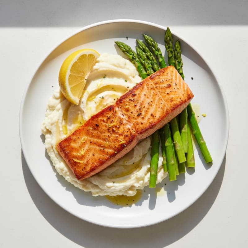 Seared Salmon Filet with Steamed Asparagus and Mashed Cauliflower