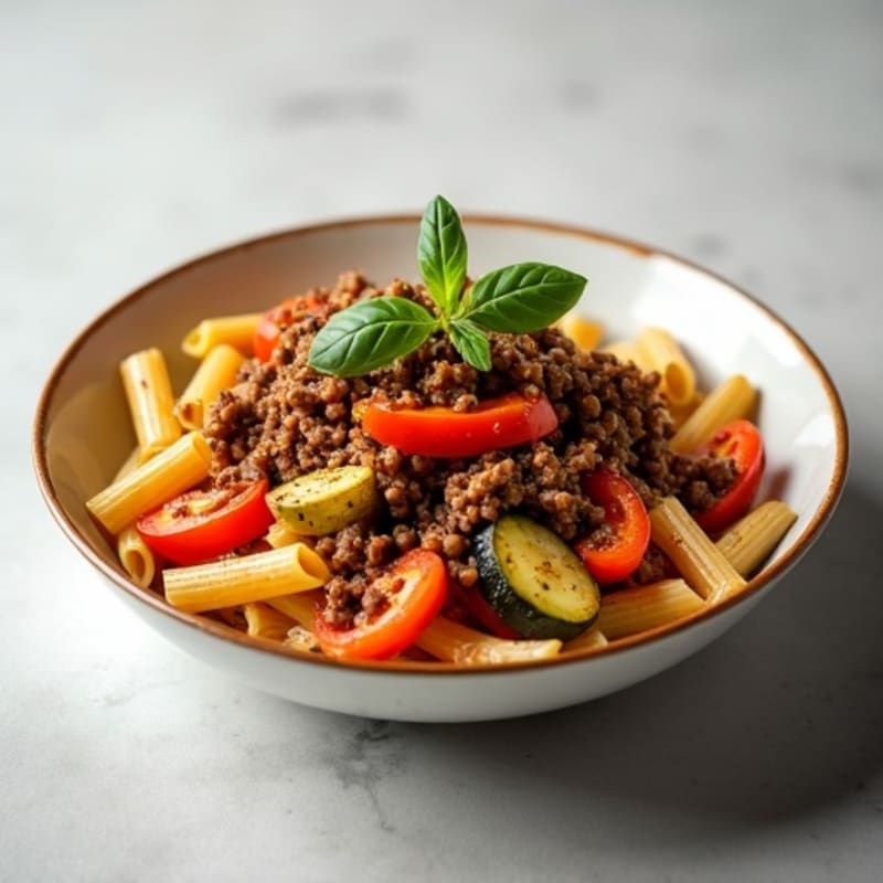 Hearty Ground Beef and Whole Wheat Penne with Roasted Vegetables