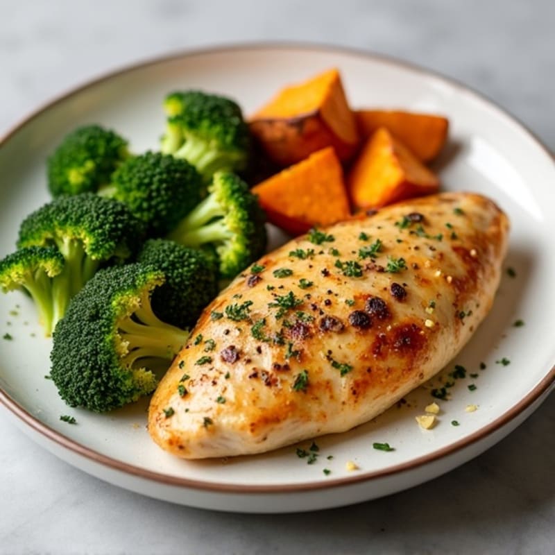 Lemon-Herb Roasted Chicken with Crispy Roasted Broccoli and Sweet Potatoes