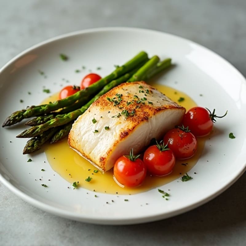 Seared Cod with Roasted Asparagus and Cherry Tomatoes
