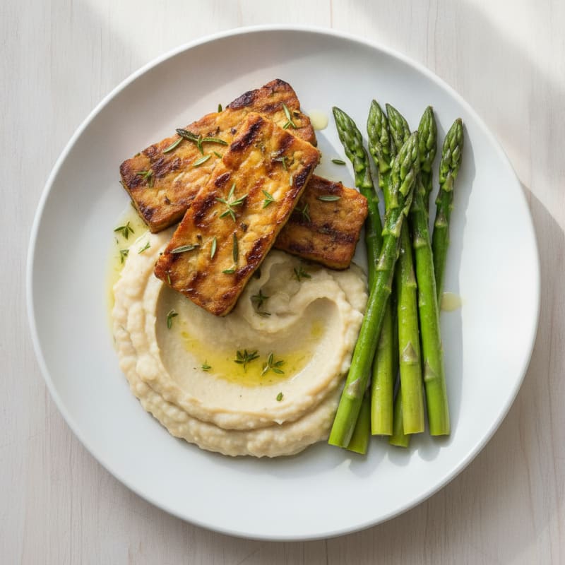 Herb-Grilled Tempeh with Creamy White Bean Mash and Steamed Asparagus
