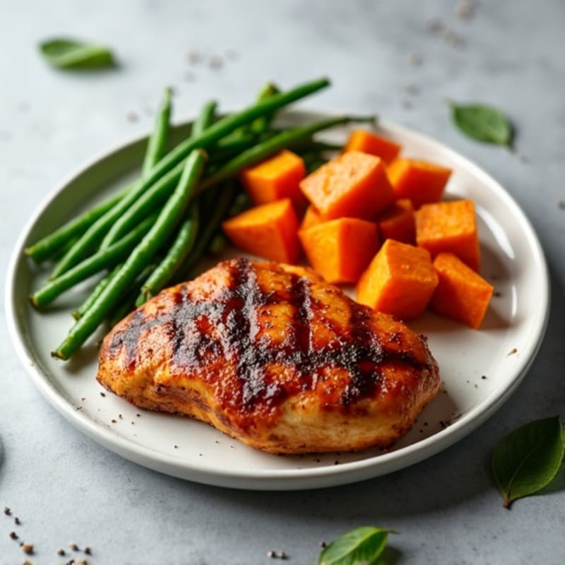 Grilled BBQ Chicken with Roasted Sweet Potatoes and Green Beans