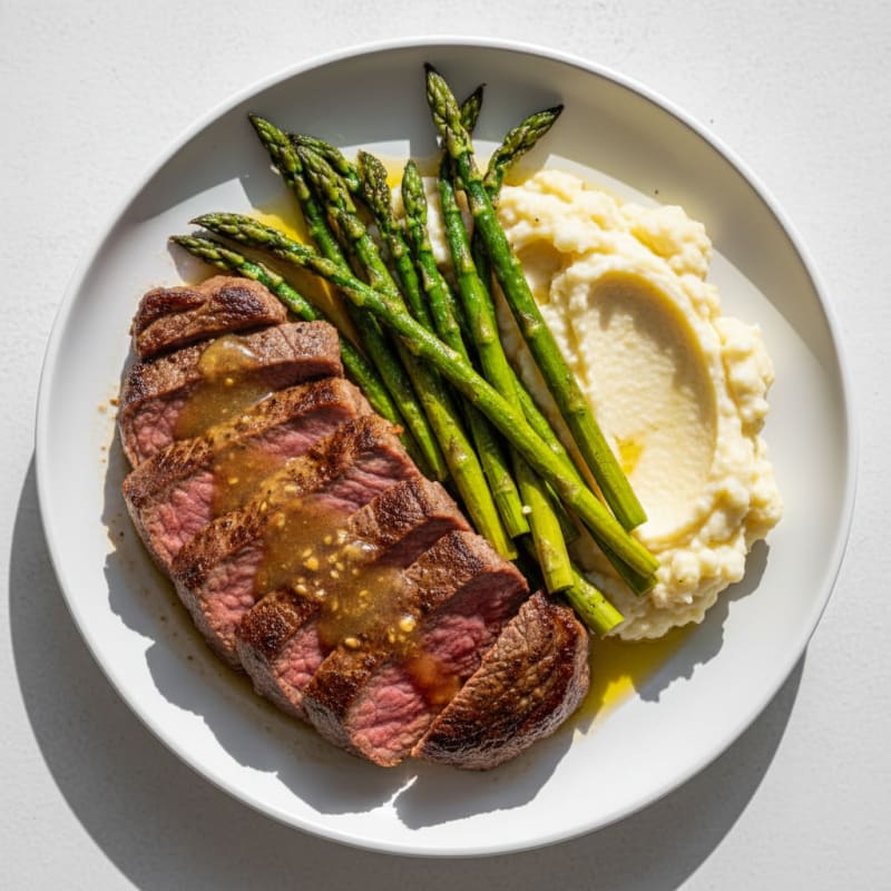 Seared Sirloin Steak with Roasted Asparagus and Cauliflower Mash