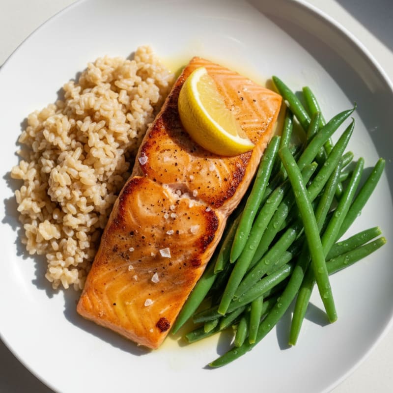 Seared Salmon Fillet with Steamed Green Beans and Brown Rice