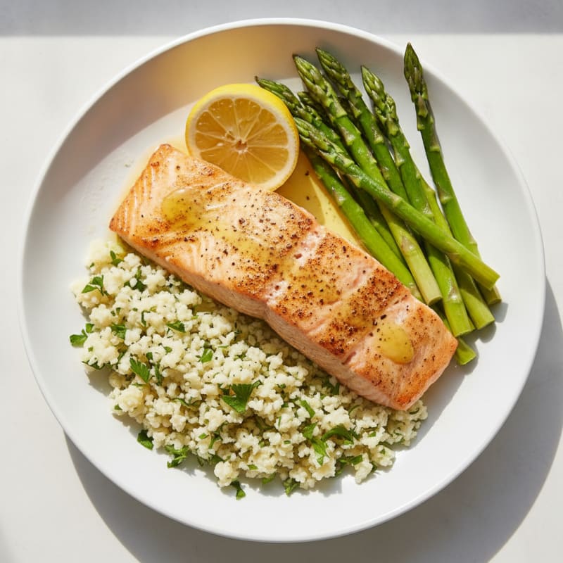 Seared Salmon with Herbed Cauliflower Rice and Steamed Asparagus