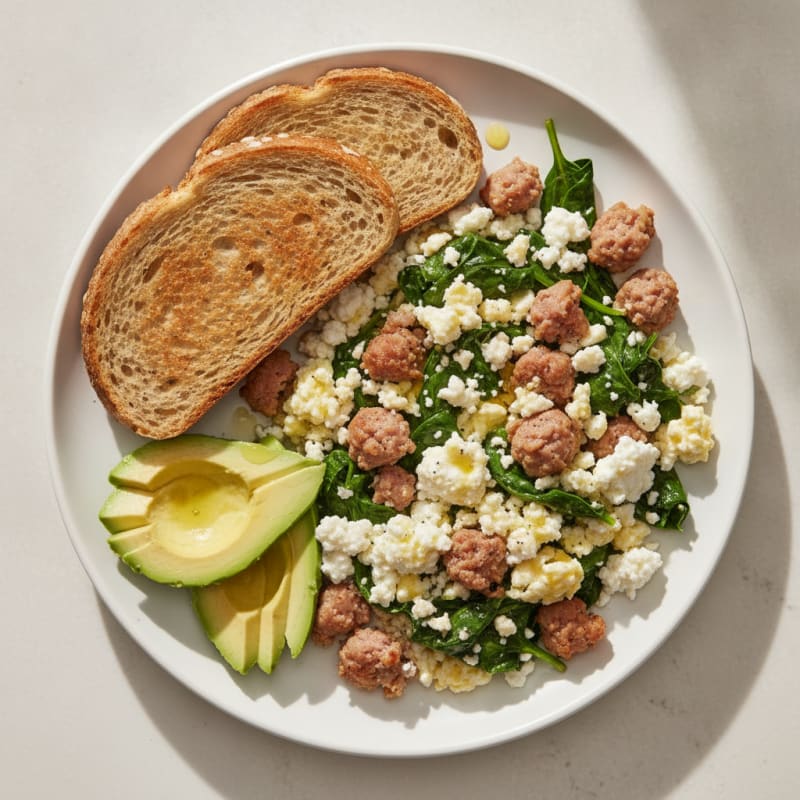 Egg White and Turkey Sausage Scramble with Cottage Cheese and Sautéed Spinach