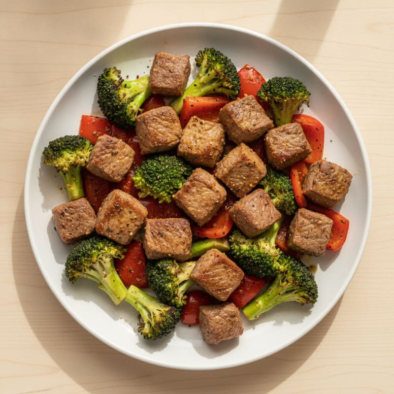 Air-Fried Beef with Roasted Vegetables