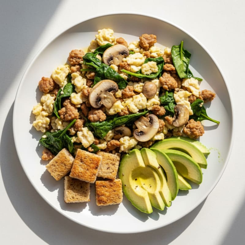 Egg White and Turkey Sausage Scramble with Spinach and Sautéed Mushrooms