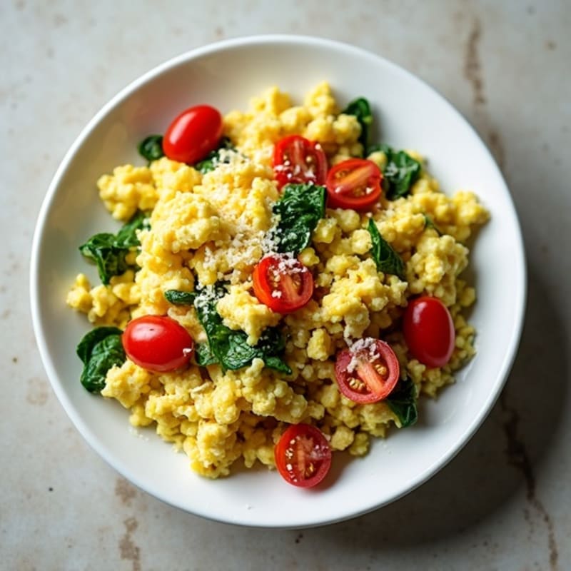 Fluffy Protein Egg Scramble with Spinach and Cherry Tomatoes