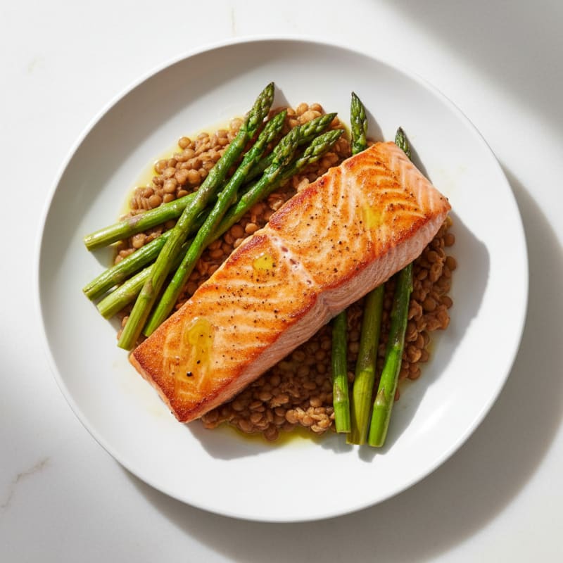 Seared Salmon Fillet with Roasted Asparagus and Lentil Mash