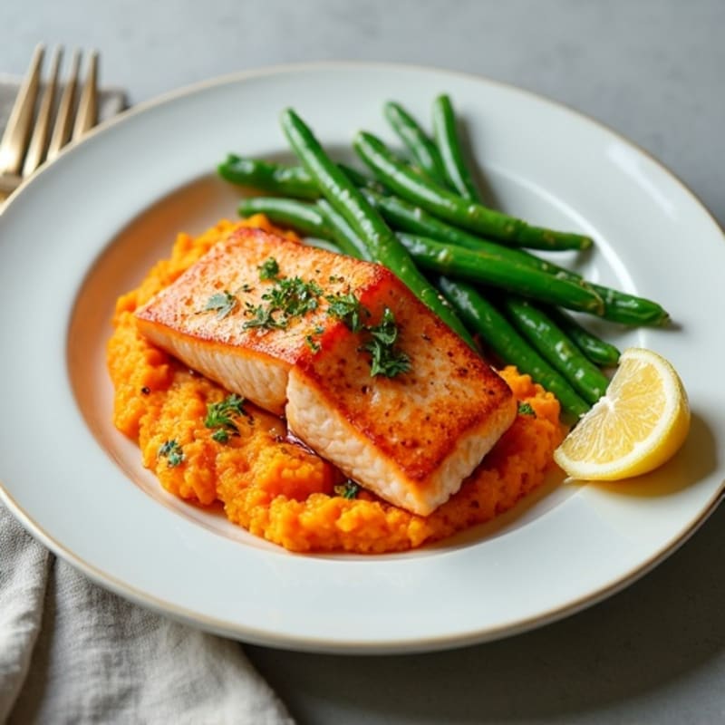 Seared Salmon with Garlic Green Beans and Sweet Potato Mash