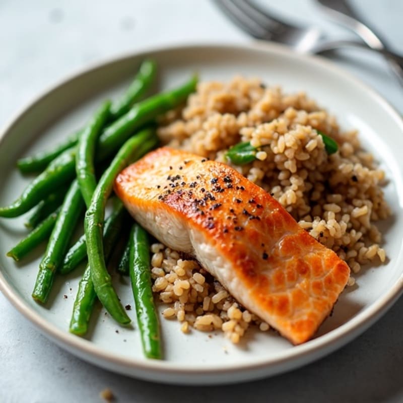 Seared Salmon Fillet with Garlic Green Beans and Brown Rice