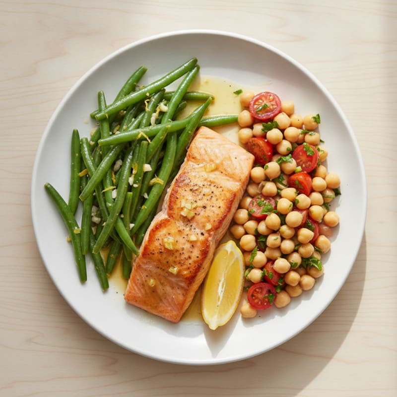 Seared Salmon Fillet with Lemon-Garlic Green Beans and Chickpea Salad
