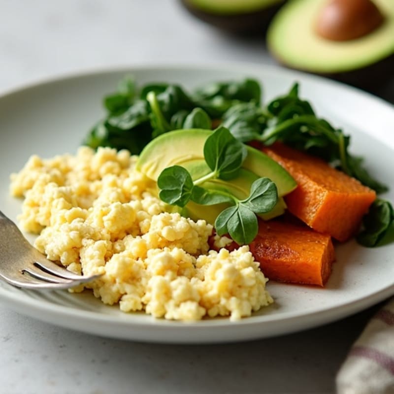 Cottage Cheese Egg White Scramble with Spinach and Roasted Sweet Potato