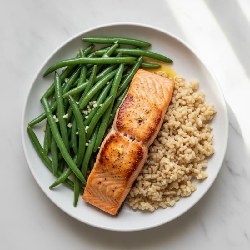 Seared Salmon with Garlic Green Beans and Brown Rice