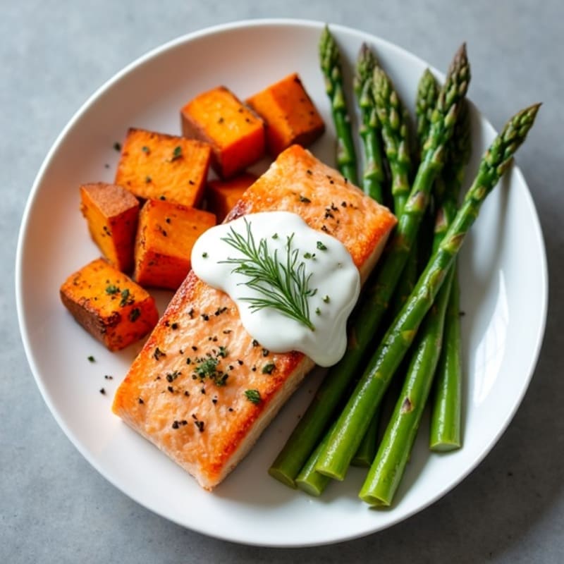 Seared Salmon with Roasted Sweet Potatoes and Asparagus